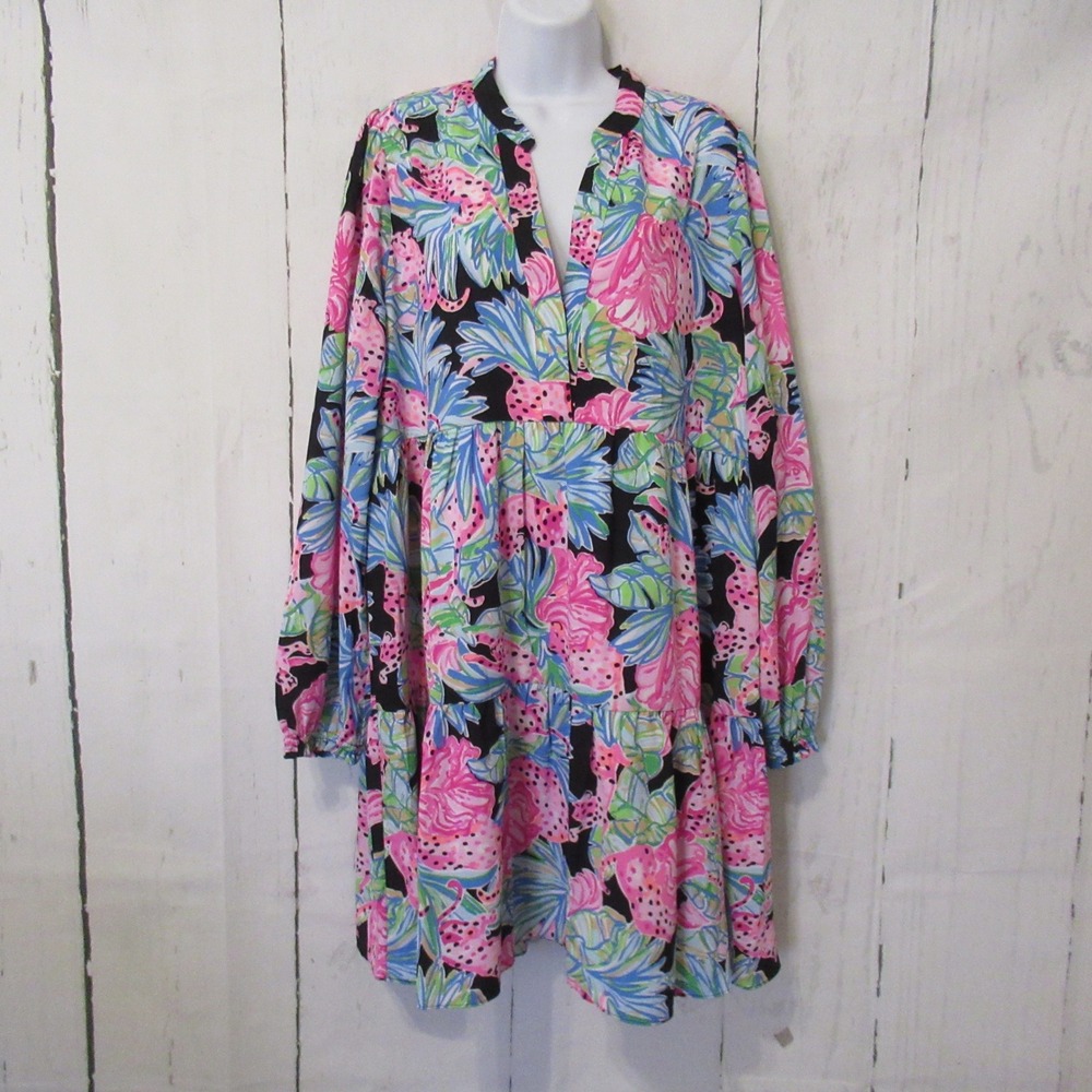 Lilly Pulitzer Winona Dress XL Onyx Jaguar Jungle Animal Floral Vacation Resort